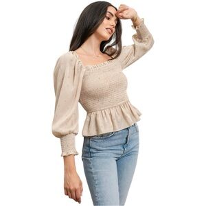 Mine Cream‎ Peplum Blouse with Smocked Puff Sleeves Polka Dots
